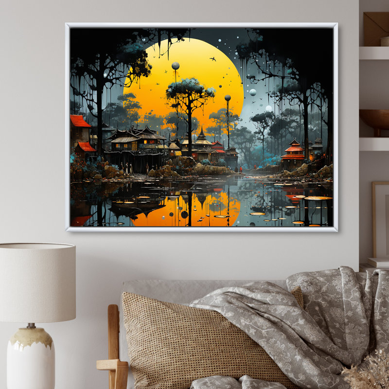«Yellow African Pygmy Village Chronicles I», art mural tribal africain, Cadre flottant blanc, H 16 po x l 32 po x P 1 po