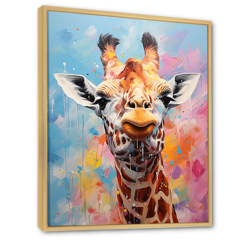 Popart Art, girafe multicolore Grace II sur toile, Cadre naturel flottant, H 44 po x l 34 po