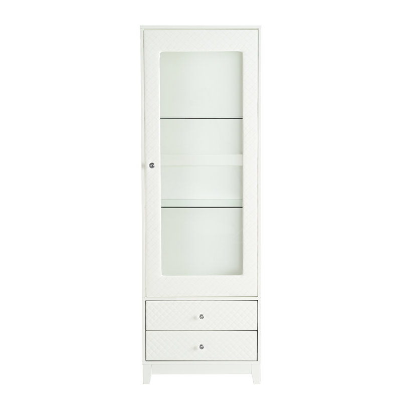 71'' Freestanding Upholstered Display Cabinet, Upholstered Glass Door Cabinet With Ceiling Light,Wine Cabinet With Adjustable Shelves, For Livingroom, Kitchen, Bar & Dining Room - White