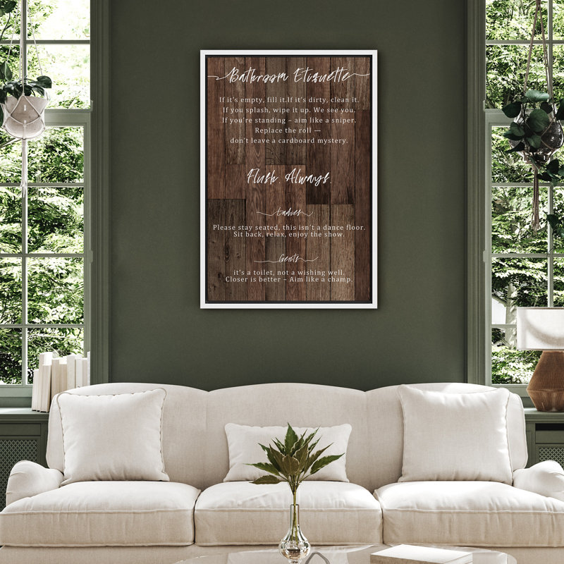 Étiquette de salle de bain sur bois rustique, impression sur toile encadrée, typographie amusante, H 24 po x l 16 po, Blanc