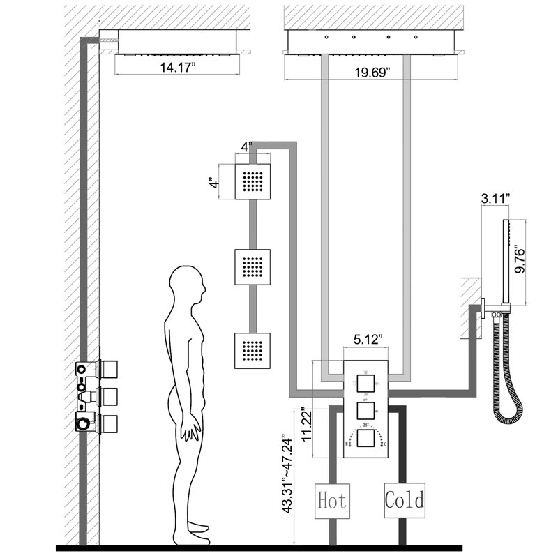 Full Body Shower System with Body Jets, Solid Brass 19.69*14.17" Luxury Ceiling Mount Two Settings Shower Head with Handheld with Rough-in Valve