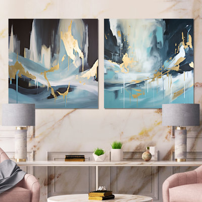 Expression abstraite dorée et bleue I - peinture abstraite murale en métal, ensemble de 2 carrés