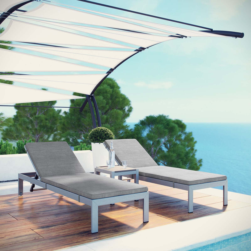 Shore 3-piece Outdoor Patio Aluminum Chaise with Cushions, Gray