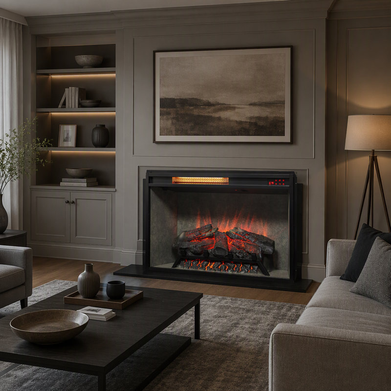 Foyer électrique infrarouge encastré de 71 cm (28 po), panneau tactile, chauffage décoratif, flammes réalistes, 4 couleurs et 5 niveaux de réglage.