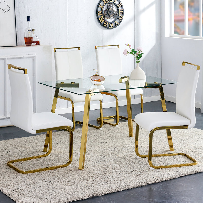 Table rectangulaire avec plateau en verre trempé et pieds en métal doré, minimaliste moderne pour la décoration de salles à manger
