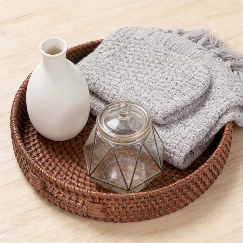 Round Rattan Serving Tray With Handles, Woven Wicker Decorative Tray For Coffee Table, Ottoman, And Home Decor