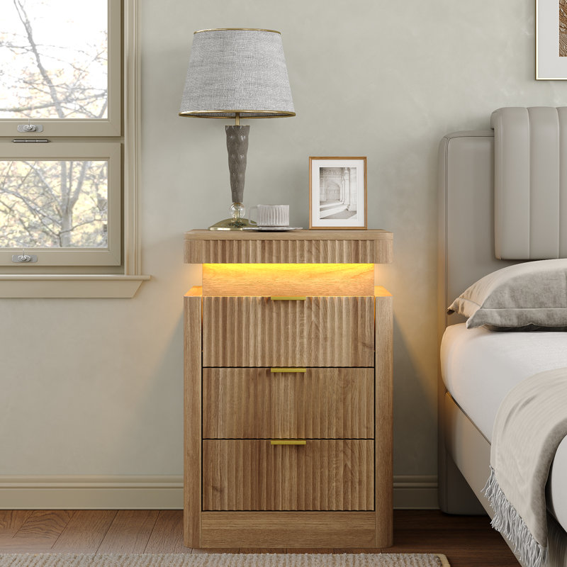Fluted Night Stand With Charging Station & LED Light, 3-Drawer Bedside Table For Bedroom & Living Room, Modern Sofa Side Table With Sliding Top & Outlets/USB