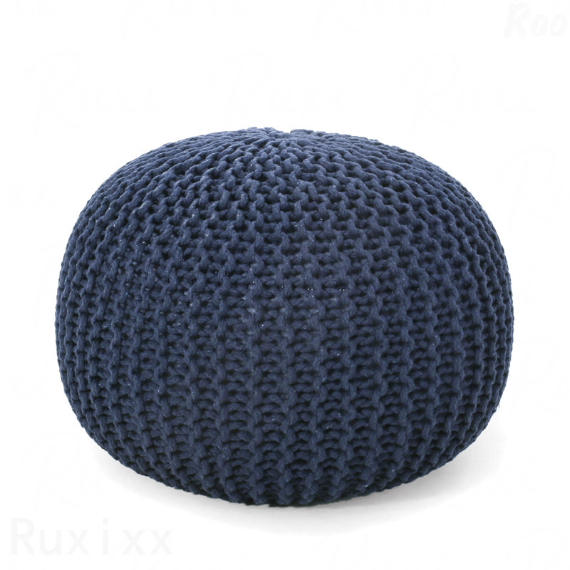 Cotton Upholstered Round Pouf Ottoman, Navy Blue Cotton