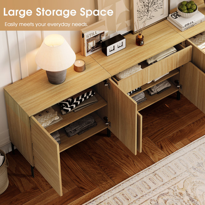 126" Modern Reeded 8-Door Sideboard With Drawers, 4-In-1 Wooden Credenza Storage Cabinet For Kitchen, Dining Room, Oak