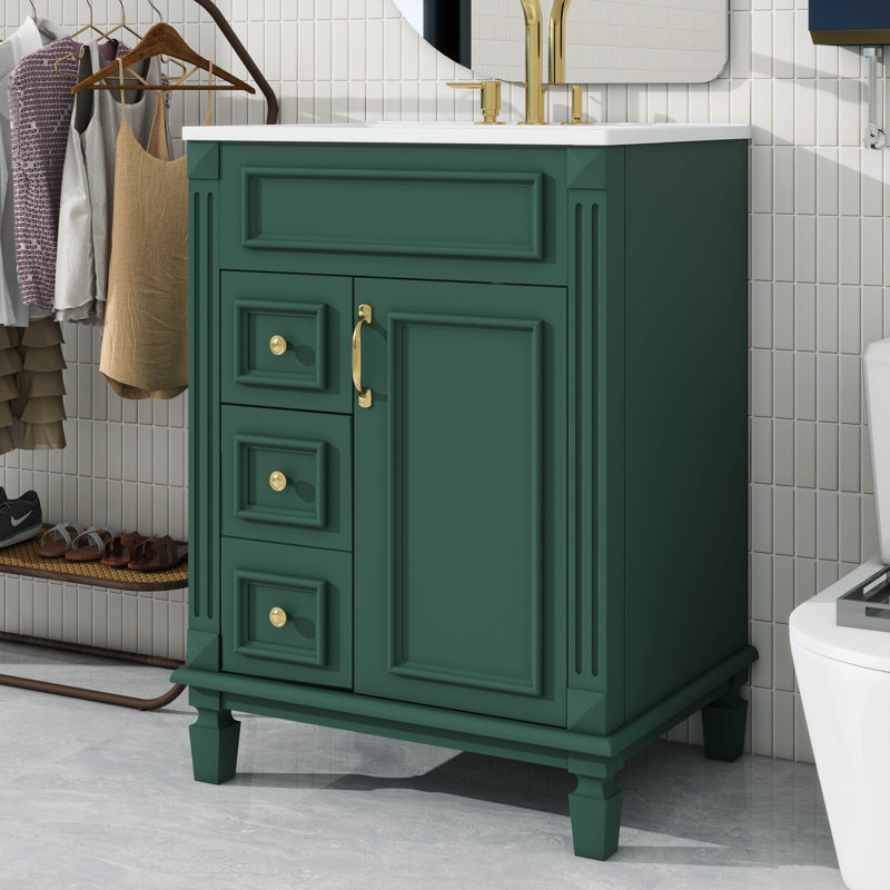Meuble-lavabo 24 po avec lavabo, meuble-lavabo autoportant avec deux tiroirs de rangement et tablettes réglables, meuble-lavabo moderne avec lavabo simple pour petite salle de bain