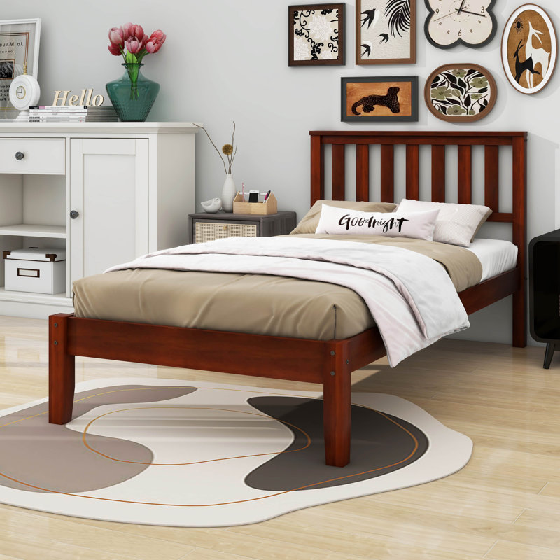 Twin Wood Platform Bed With Headboard/Wood Slat Support