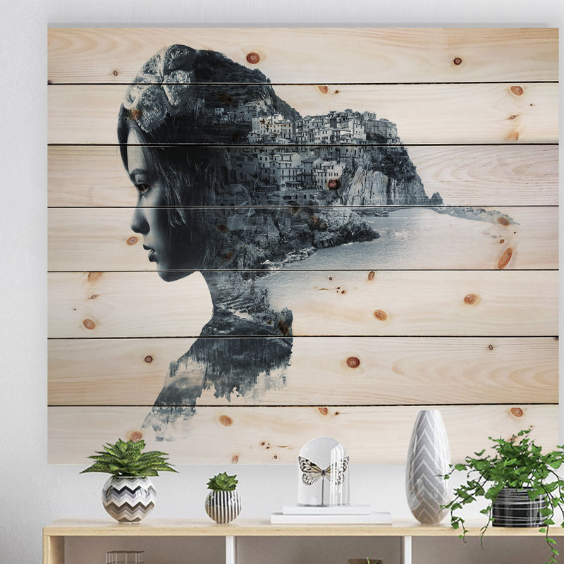 « femme portrait double exposition », impression, Bois