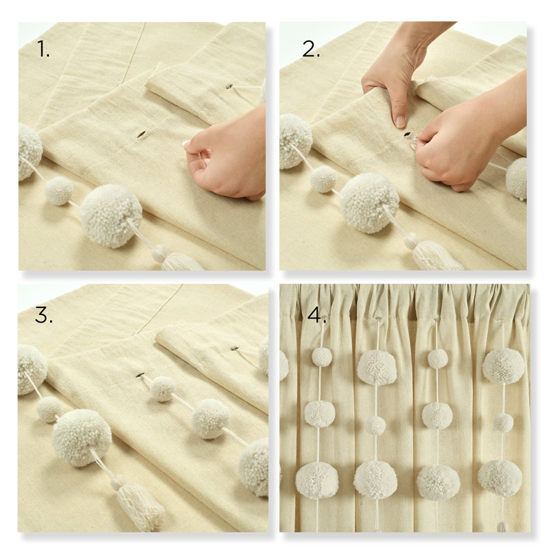 Boho Pom Pom Tassel Dark Linen Cotton Blend Window Curtain Panel