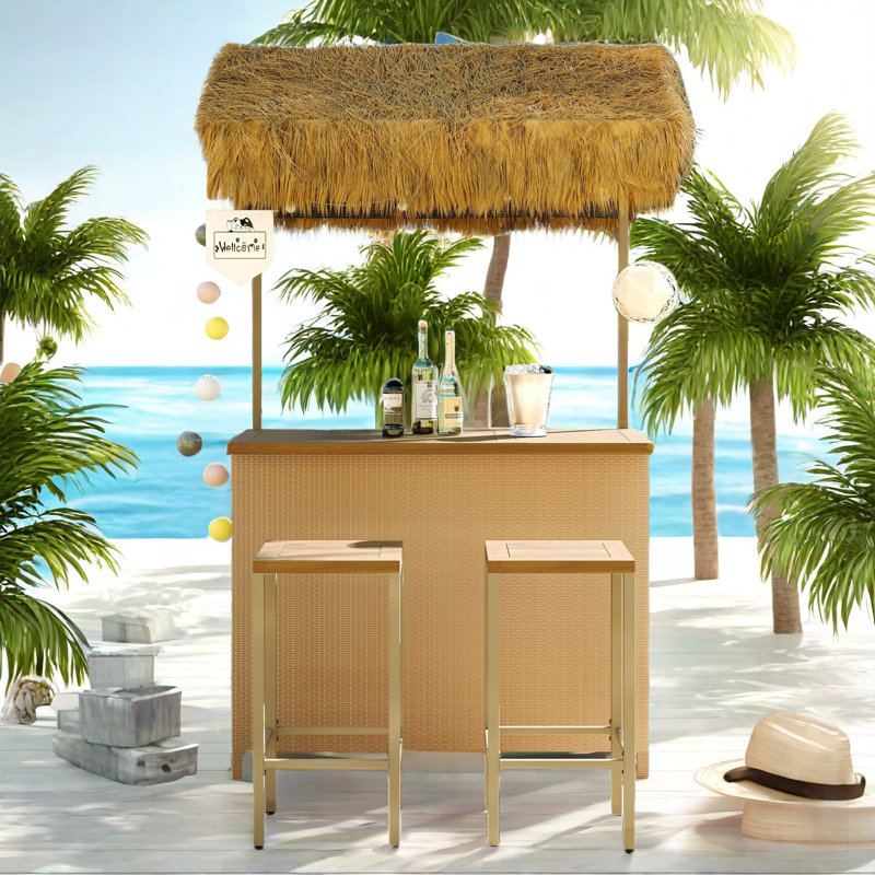 Hawaiian-style Bar Patio Set Included A Table With Canopy And Two High Stools