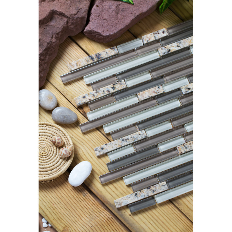 Joni Natural Stone/Glass Linear Mosaic Wall Tile, Shiny Olive