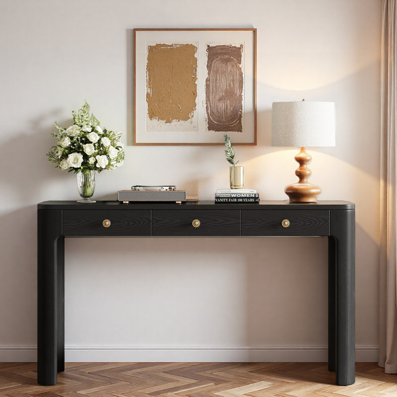 Console avec coins arrondis, 3 tiroirs et pieds épais, Noir
