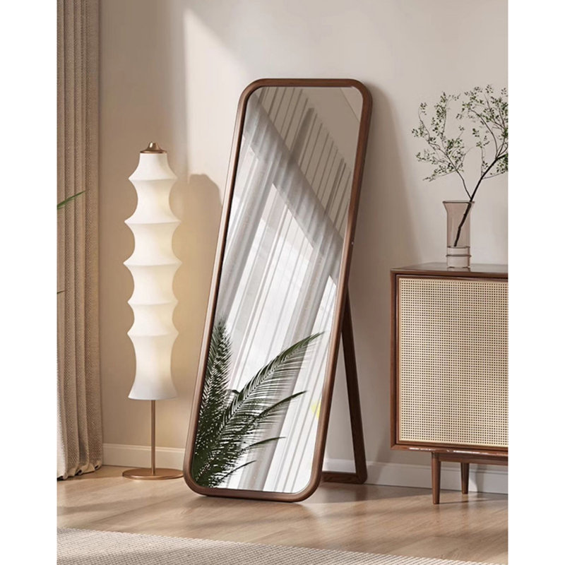 Miroir moderne autoportant complet en bois à bord arrondi pour la décoration de chambre à coucher, Brun