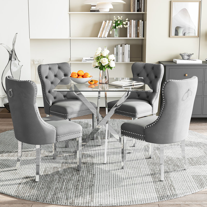  Modern Square Glass Dining Table Set for 4, 36" Tempered Glass Top with Velvet Tufted Nailhead Trim Chairs