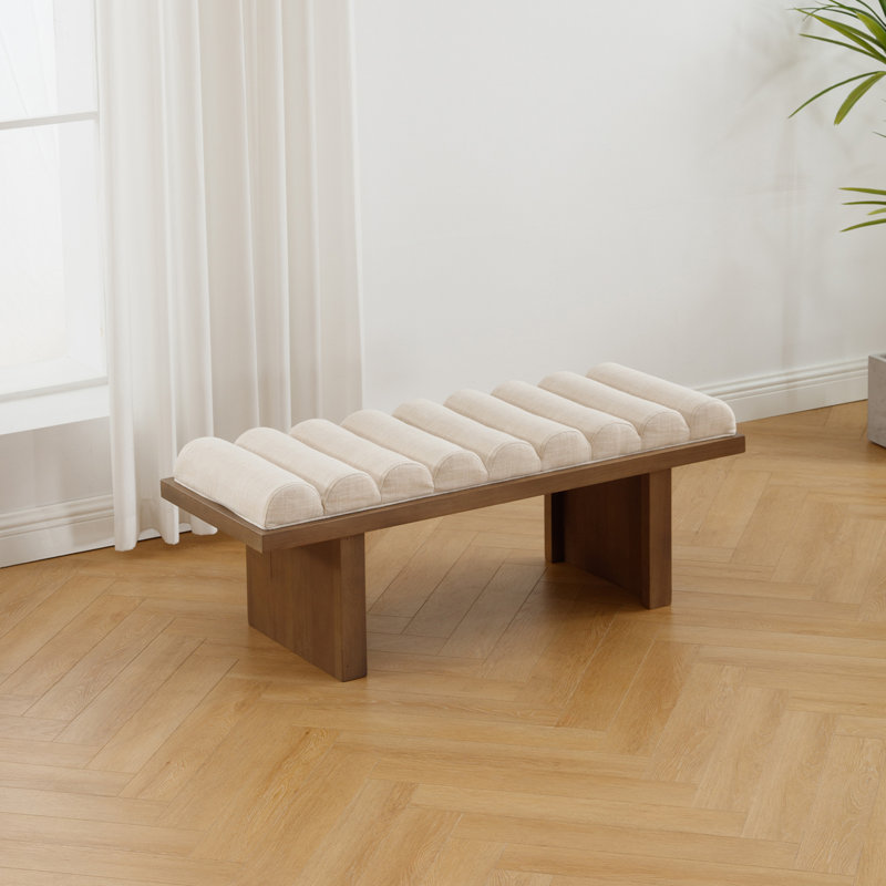 Upholstered Solid Wood Bench, Column Upholstered Bench 45.75'' Wide, Brown, Beige