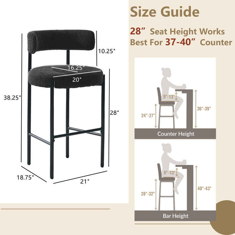 28" Boucle Upholstered Metal Counter Stool Set Of 2, 3, Black