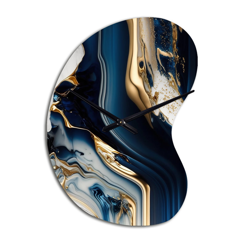 Abstract Geode Waves Blue V - Abstract Unique Shape Metal Clock, Modern Asymmetrical Wall Clock Print, Large