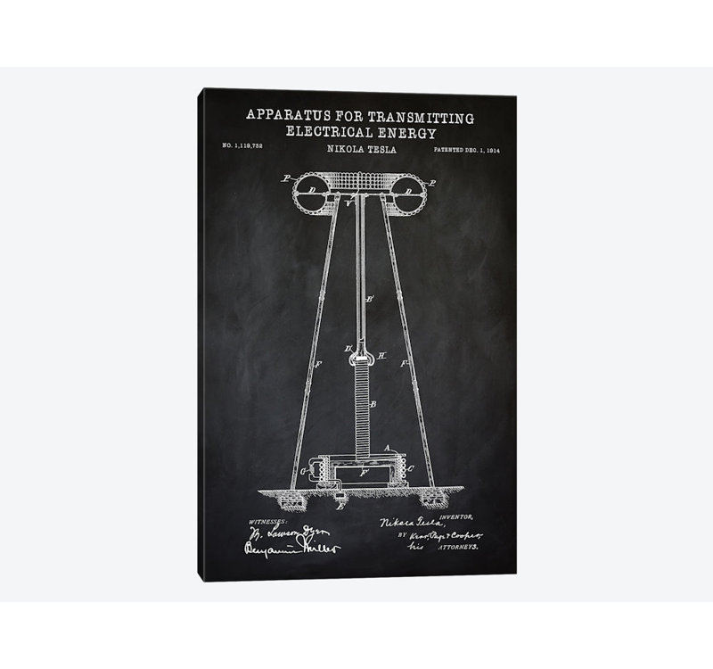 Impression sur toile, «Tesla Apparatus for Transmission Energy Energy», H 40 po x l 26 po x P 1,5 po, Noir, Toile tendue