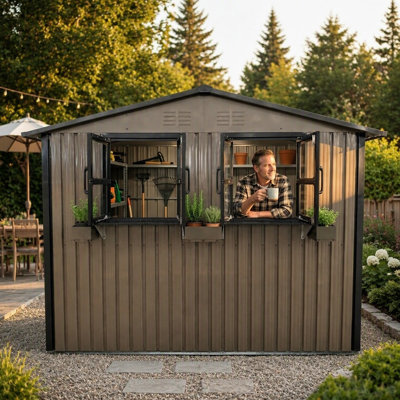 Remise de rangement extérieure en métal 9 po x 6 pi avec fenêtre, support à fleurs et portes doubles verrouillables, imperméable et résistante aux intempéries pour la cour arrière