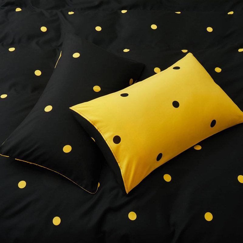 Soft Microfiber Printed Duvet Cover Set with Pillowcases, Black/Yellow Doted, King Duvet Cover + 2 Standard Pillowcases