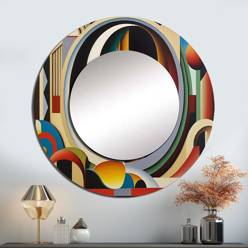 Sarahlynn circulaire rétro Dynamics II - miroir décoratif géométrique, miroir mural rond moderne, impression d'art en métal