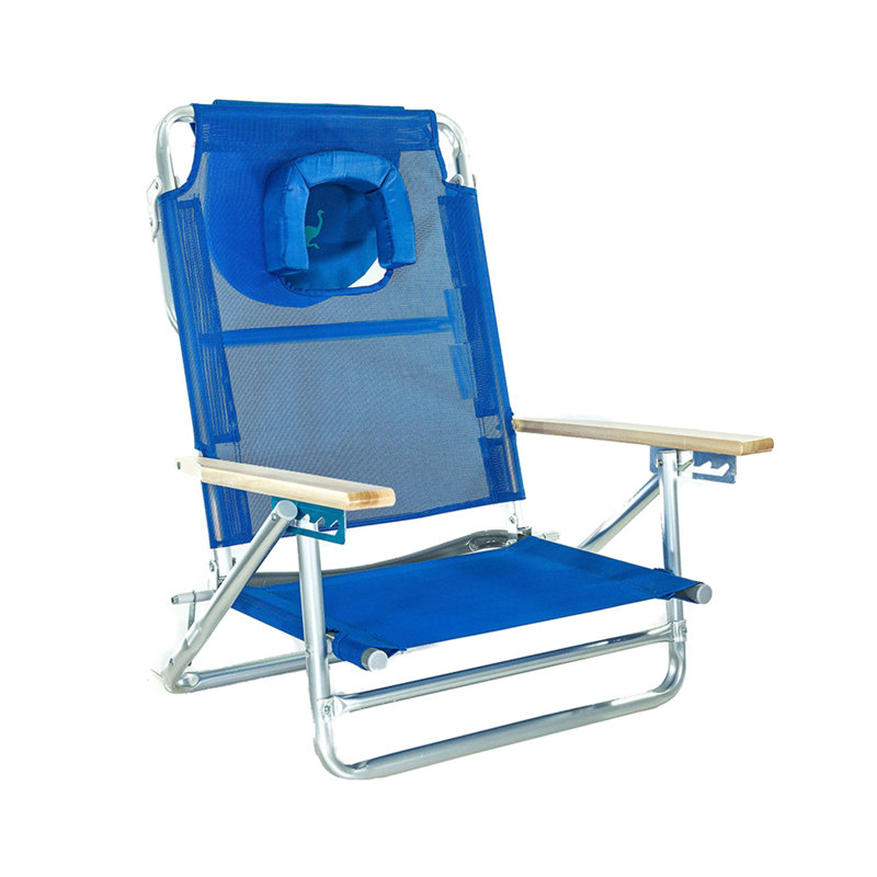 Blue Aluminum 5-Position Beach Chair with Wooden Armrests