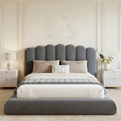 Upholstered Platform Bed with Wave Headboard