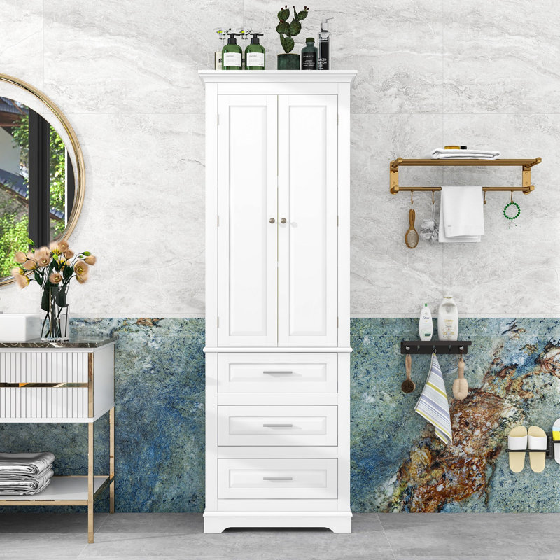 Wood Bathroom Cabinet with Three Drawers, White