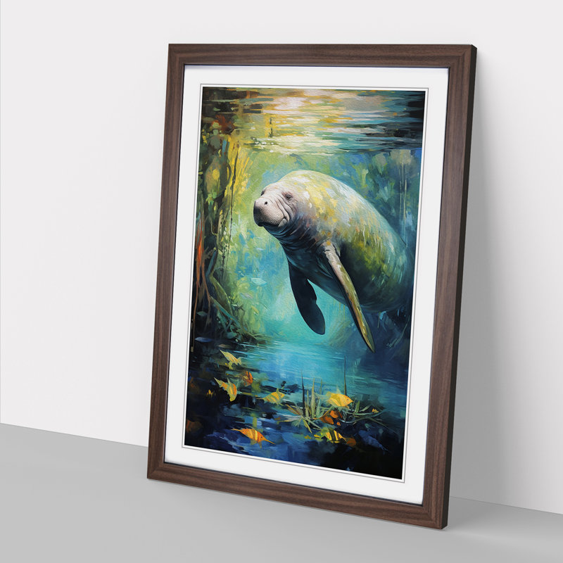 Manatee Expressionism - Single Picture Frame Print on Wood, Walnut Framed, 46cm H x 34cm W x 2cm D