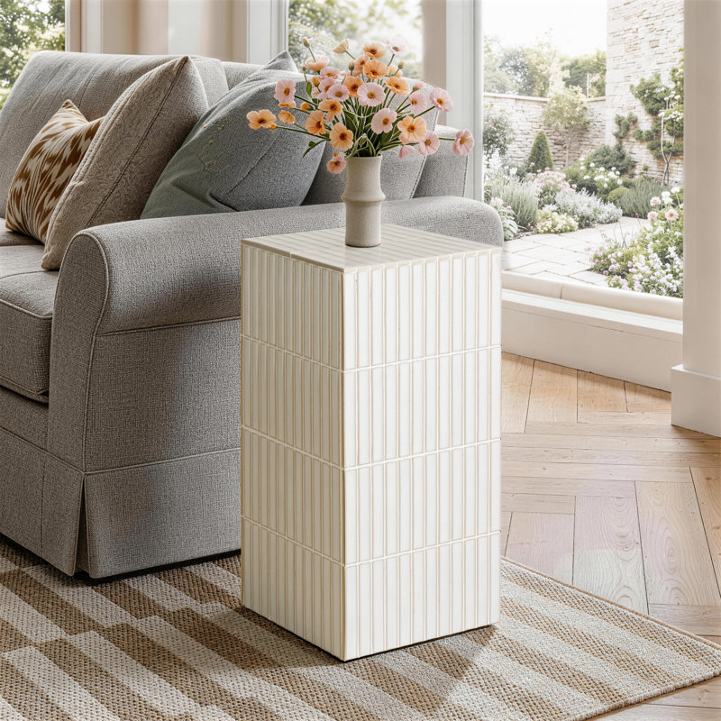 60cm Modern Grid-Tiled Square End Table, White