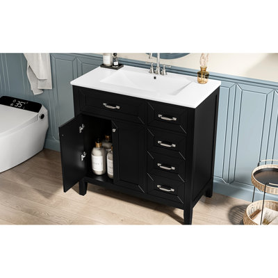 Meuble-lavabo de 36 po, armoire noire avec tiroirs, structure en bois d'hévéa massif, planche, meuble-lavabo moderne, lavabo autoportant et en céramique, grand espace de rangement pour les essentiels