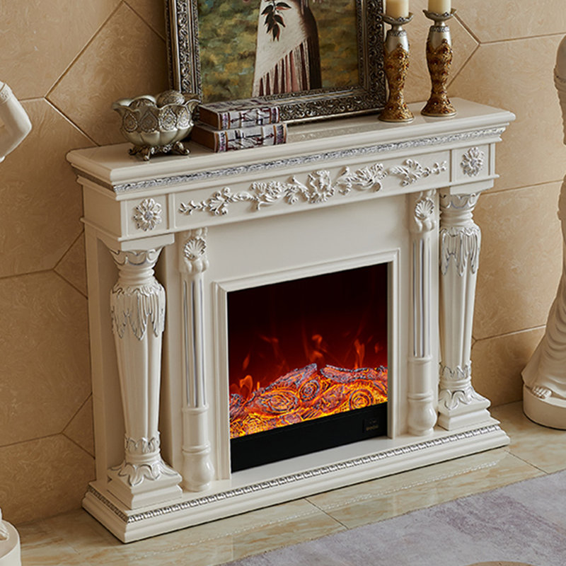 Beige Solid Wood Electric Fireplace, Beige