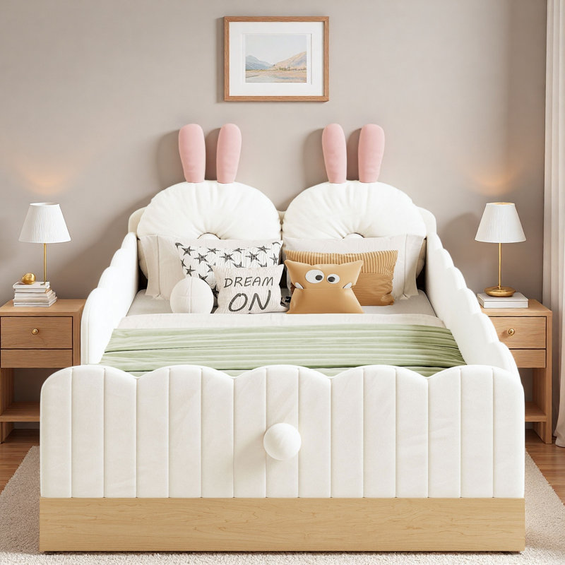 Lit plateforme tapissier avec coussins en forme d'animaux et sacs de rangement, Beige