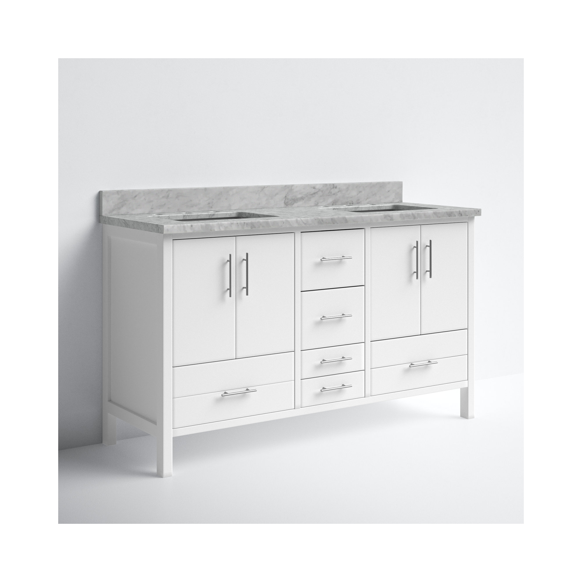 Kiara 60'' Double Bathroom Vanity, White, Carrara Marble