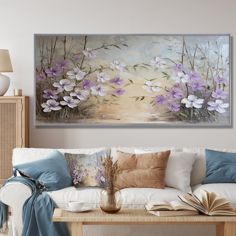 Minimalist Lavender Horizon - Lavande, art mural, H 28 po x l 60 po, Cadre flottant, Argent argent