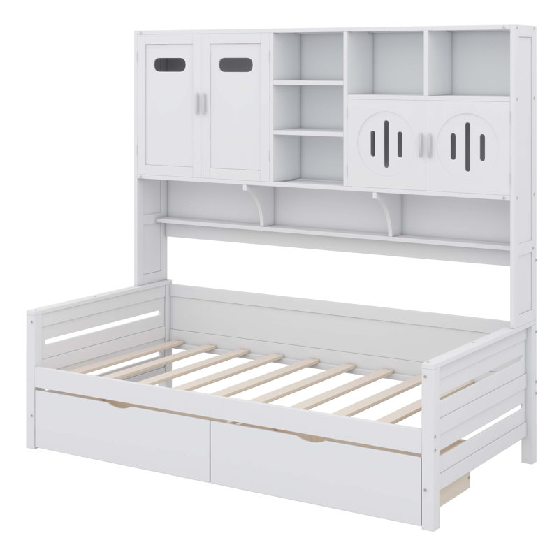 Lit de jour Timber avec deux tiroirs et tablettes intégrées, Lit simple, Blanc