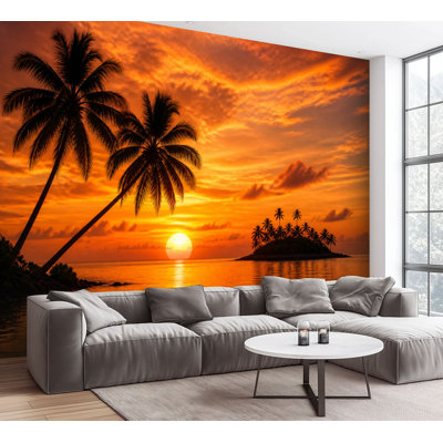 Wall Mural Peel and Stick Wallpaper Tropical Sunset Ocean Landscape Silhouette Palm Trees Golden Island Self-Adhesive Removable Contact Paper Wall Decor for Living Room Bedroom 100"H x 144"W