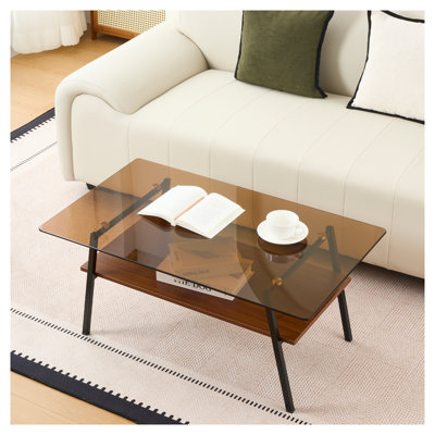 Table basse moderne moderne avec plateau en verre trempé brun et tablette inférieure en panneau de fibres à densité moyenne, centre de table de salon industriel