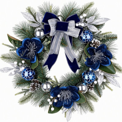 17.7 Inch Artificial Christmas Wreath with Navy Blue Velvet Bow, Flowers and Ornaments