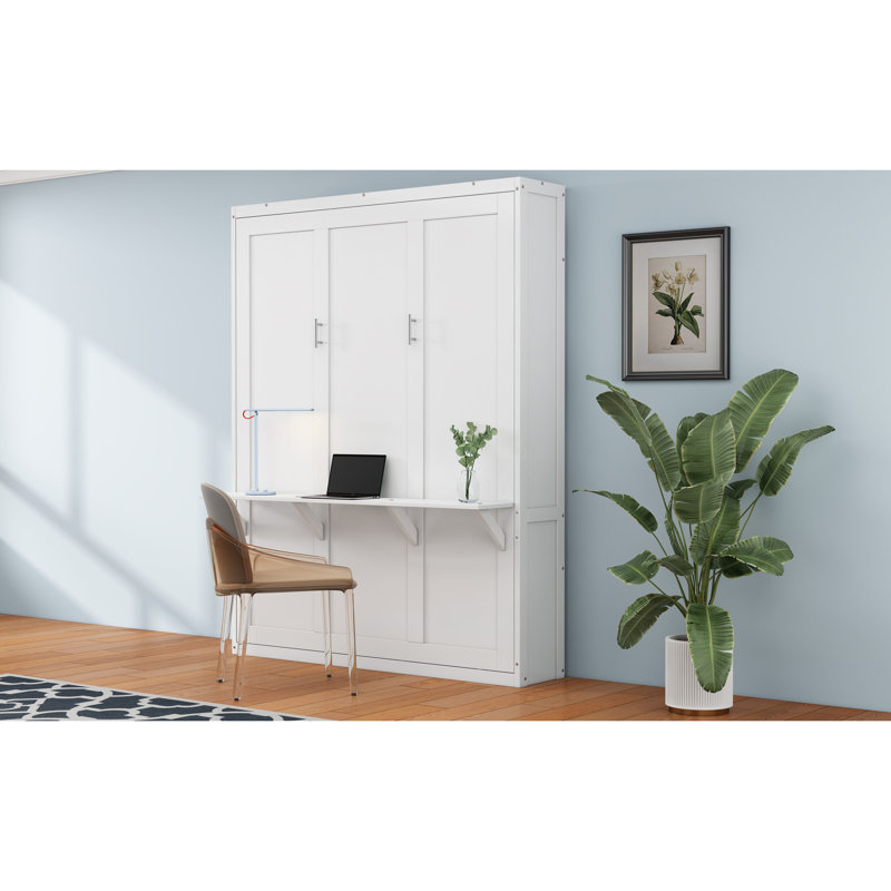 Lit armoire blanc avec fonction de bureau - pliable pour optimiser l'espace 156,33 lb poids maximum Économisez dans votre bureau à domicile Hauteur pin massif + cadre