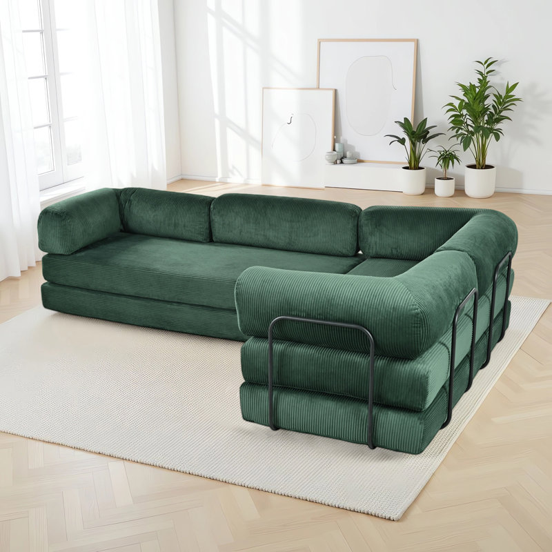 115" Modern Corduroy L-Shaped Modular Sectional Sofa Bed, Convertible 4-Seat Sectional Couch With Iron Frame, Green Corduroy