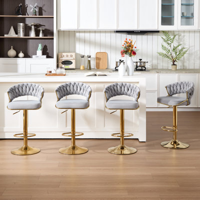 Ensemble de 4 tabourets de bar pivotants en velours, tabourets de bar réglables en hauteur avec dossier tissé pour bar de cuisine, gris