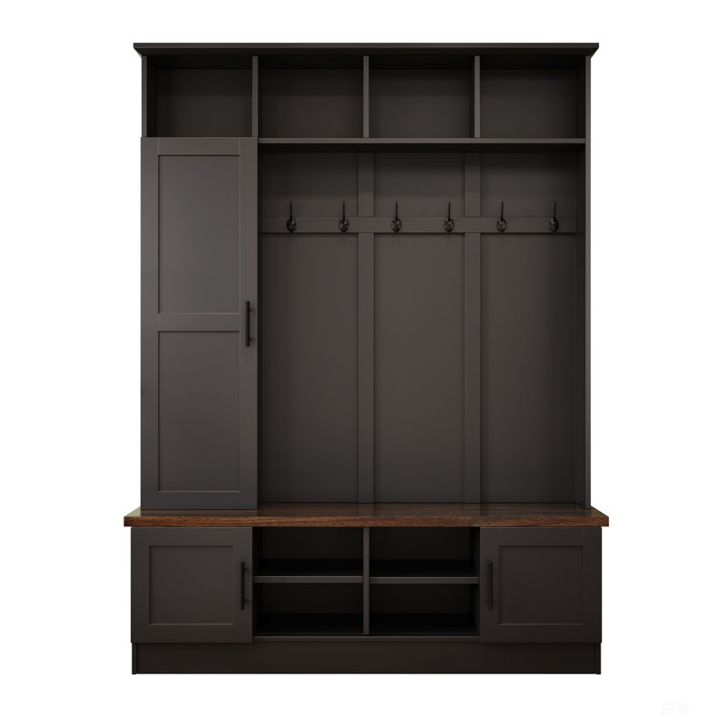 Versatile 3-In-1 Hall Tree With 6 Hooks, Farmhouse Walnut Storage Bench, And Adjustable Shelves For Modern Entryway