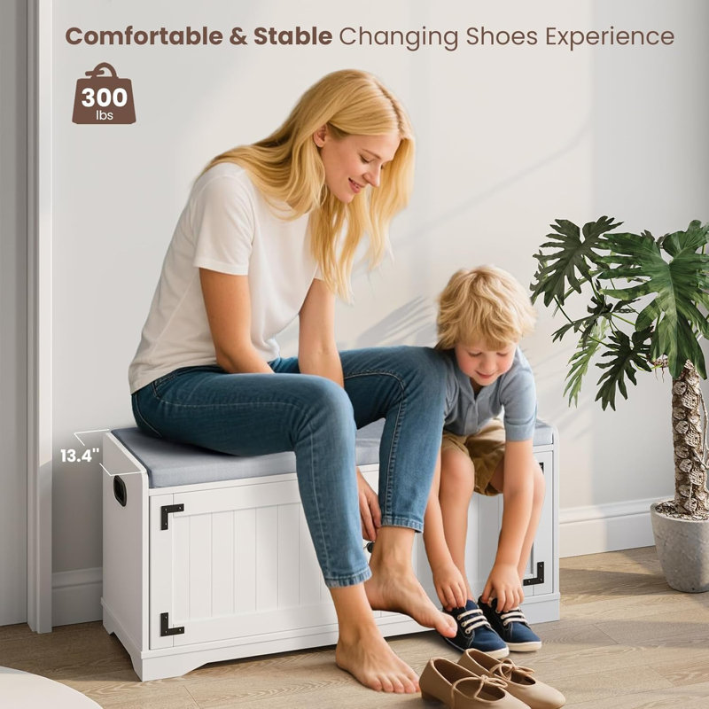 2-Tier Shoe Storage Bench – 39.4" Shoe Bench with Padded Seat, Handles, 2 Doors, and Adjustable Shelf for Entryway, Living Room, Bedroom, Hallway, or Closet – White