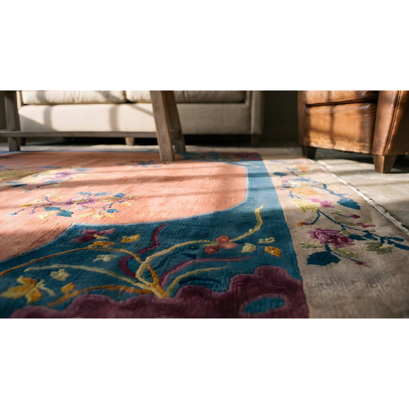 Tapis rose / saumon en laine antique noué à la main à motif floral médaillon rectangulaire des années 1920