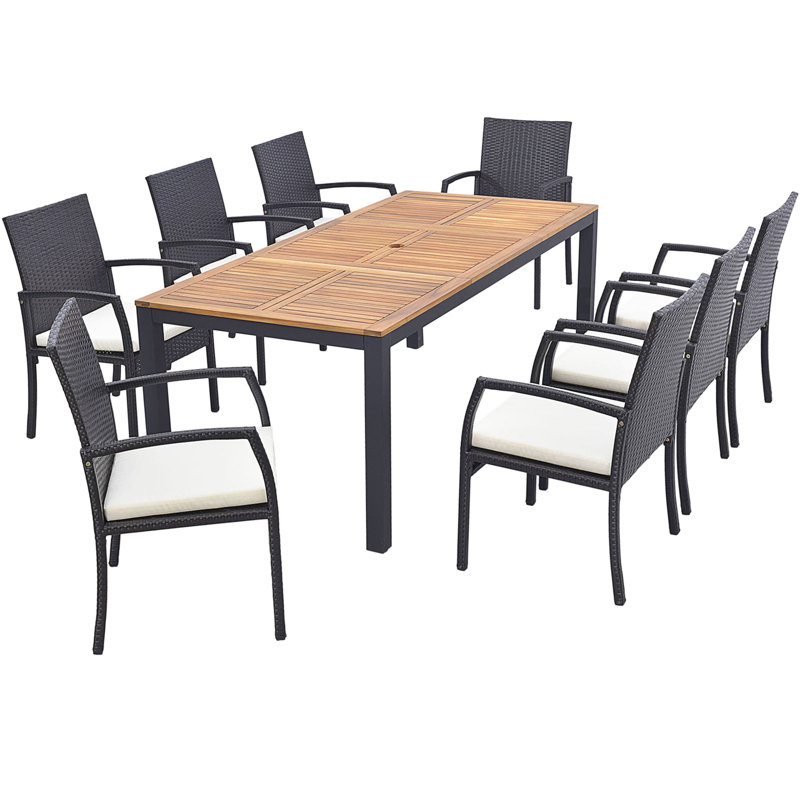 9 PCS Outdoor Dining Table & Rattan Chairs w/ Acacia Wood Table 1.9'' Umbrella Hole